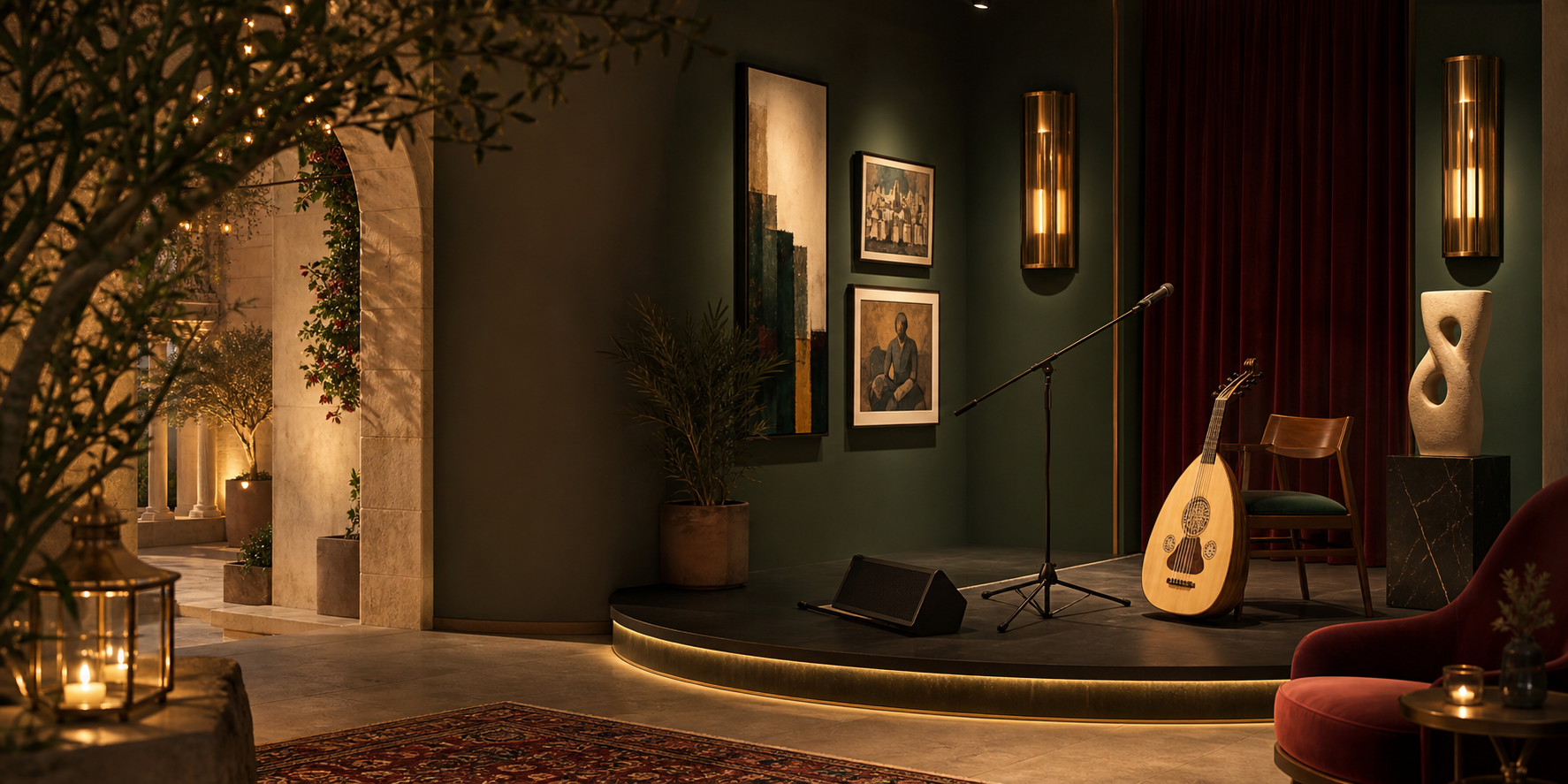 Lebanese arts venue with music, paintings, and sculpture